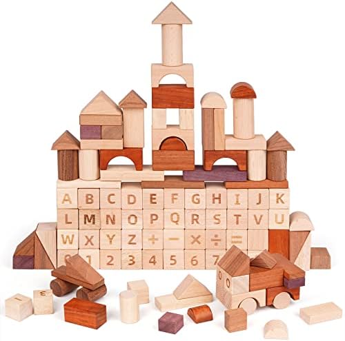 Agirlgle 86Pcs Wooden Building Blocks Set ABC Blocks- Wood Stacking Blocks Stacker for Toddlers Baby Natural Wooden Blocks Construction Preschool Early Learning Toys Sorting 26 ABC Alphabets Blocks