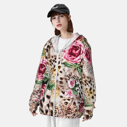 UPF 50+ Sun Protection Jacket Pink Rose with Leopard Print Swimming Hooded Cooling Shirt4