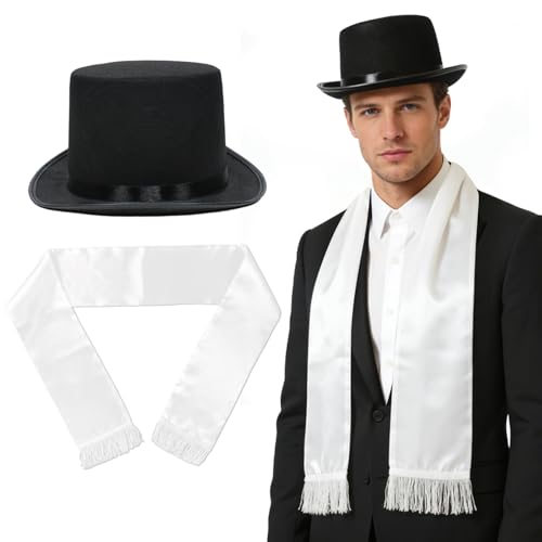 GYIOFAI 2 Stücke Zylinderhut für Damen & Herren in Schwarz, Schal, aus Satin, Weiß, Zylinder, Accessoire für Eine Gala, Partyhut ideal für Zauberer, Karneval, Fasching, Steampunk, Gentleman