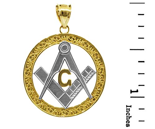 10K Two-Tone Yellow Gold Freemason Round Masonic Bail Pendant Necklace, 16" #TOP3