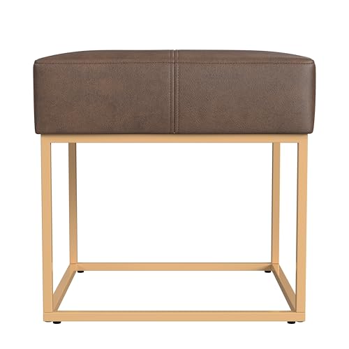 Image of HomePop 18 inch Small Square Gold Metal Ottoman - Brown Faux Leather