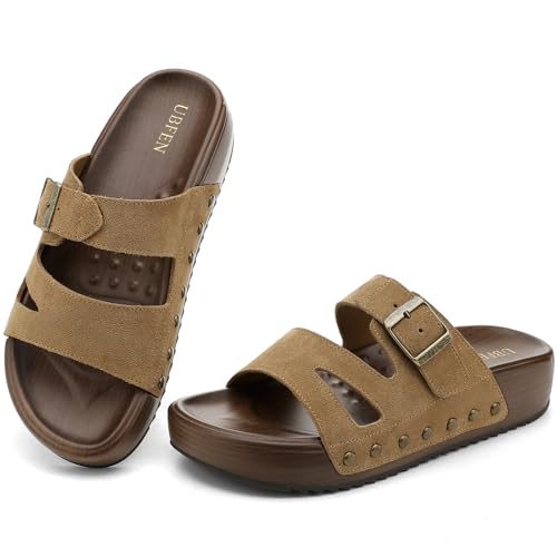 Image of UBFEN Womens Platform Slide Sandals | Real Leather,Buckle Sandals with Cushioned Flatform Footbed,Comfortable for Walking,Arch Support,Casual Styling