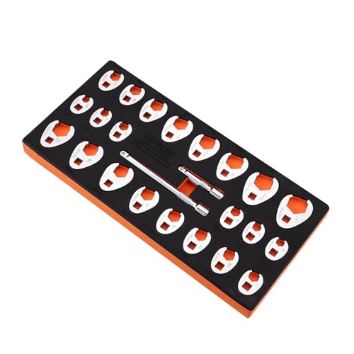 Image of VEVOR Crowfoot Wrench Set, 3 /8 inch Drive 24-Piece Crows Foot Wrench Set with 2 Extension Bars and EVA Tool Organizer, SAE 3 /8 inch-1 inch and Metric 10-22 mm, CRMO Steel and Mirror Chrome Finish