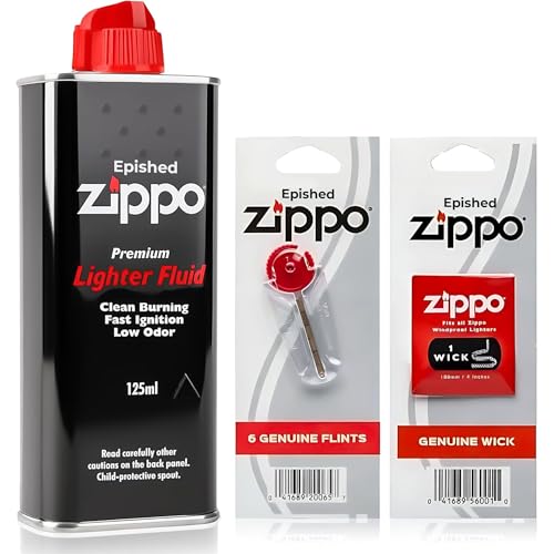 Zippo Lighter Fluid 125ml – Zippo Fuel Refill Kit with Genuine Wick and 6 Flints | Windproof, Low Odor, Fast Ignition, Easy Refill Nozzle, Original Lighter Accessories