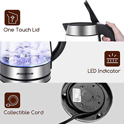 Aigostar Electric Kettle (Bpa Free), 1500 W Fast Heating Glass Electric Tea Kettle 1.7 L Cordless With Led Light， Strix Technology Auto Shut-Off And Boil-Dry Protection, 304 Stainless Steel Bottom #TOP2