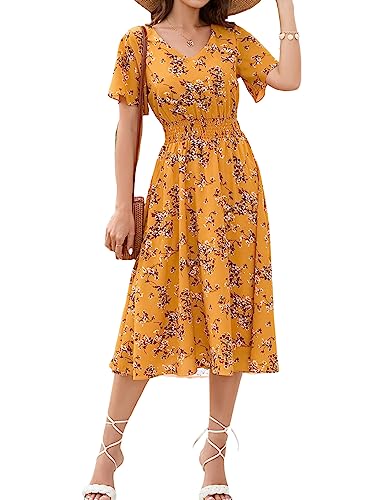 Gardenwed Chiffon Floral Dresses Midi Wedding Guest Dress for Women Elastic Waist