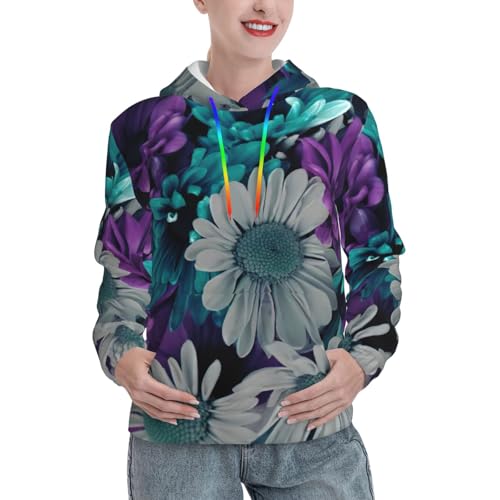 Sweat à capuche floral violet et bleu pour femme avec grande poche kangourou confortable