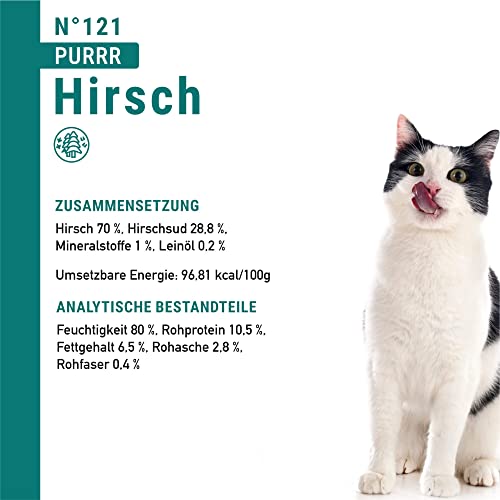 catz finefood Purrrr Hirsch Monoprotein Katzenfutter nass N° 121, für ernährungssensible Katzen, 70% Fleischanteil, 6 x 200g Dose