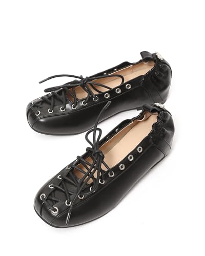 KOKOMOMO Square Toe Lace Up Flats for Women Mary Janes Cross Strappy Ballet Flats Comfort Soft Leather Ballerina Dance Shoes Flat Vintage Uniform Dress Shoes3