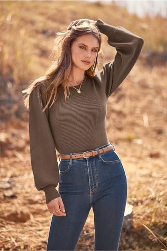Image of MASCOMODA Womens Puff Long Sleeve Ribbed Sweater Bodysuits | Fall Winter Outfits 2026, Crewneck Knitted Bodysuit Dressy Casual, Cute Slim Fit Pullover Tops, Work, Date, Dress Up & Down