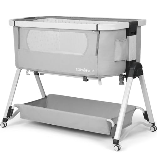 Image of Cowiewie 2N1 Bassinet Cradle Waterproof Breathable Mattress | Rocking Function | Baby Bottle Bag Bassinet Bedside Sleeper with Storage Basket and Wheels