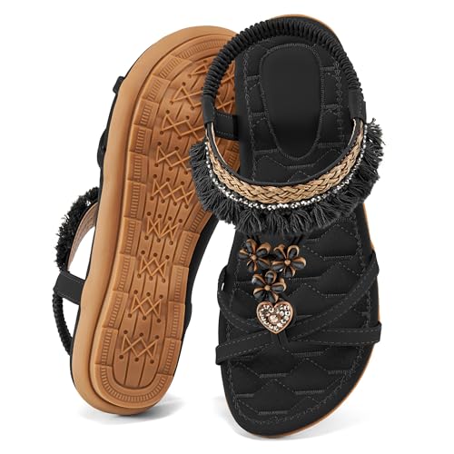 Aomigoct Womens Sandals Flats Shoes: Dressy Summer Flat Sandals for Women Open Toe - Bohemian Casual Beach Shoes Elastic Ankle Strap