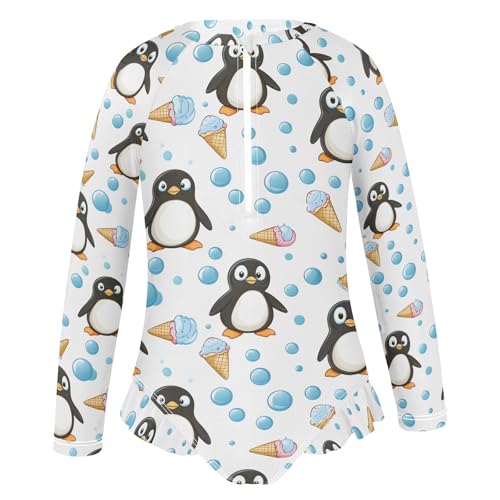 One Piece Girls Swimsuit Long Sleeve Rashguard Zipper Swimwear, Penguins Ice Cream White 3T2