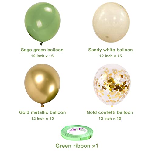 Image of Sage Green Gold Balloons - 50 pcs 12 inch Olive Green Sand White Metallic Gold Confetti Balloons for Birthday Baby Shower Wedding Bridal Shower Party Decorations