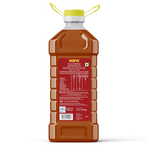 Image of SANO Kachi Ghani Mustard Oil 5 Ltr | High in Monounsaturated Fats (MUFA) | Vitamin A and D Fortified Oil | Cholesterol and Trans Fat Free | Ideal for Frying, Roasting, Tempering, and Pickling | Indian Cooking