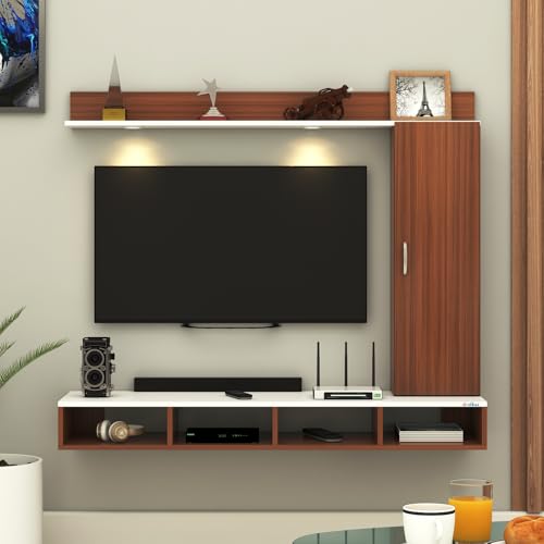 Image of Anikaa Dorex Engineered Wood Wall Mounted TV Unit with LED Lights, Storage Cabinet & Display Shelf for Living Room | Ideal for Upto 43 Inch TV- Walnut /White(DIY Installation)