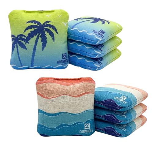 SC Cornhole Games Professional Dual Sided Cornhole Bags- 16 oz 6x6 w/Premium Resin Fill - Official Tournament Slide/Stick Pro Bean Bags - Regulation/Approved (Summer Waves/Tropical)