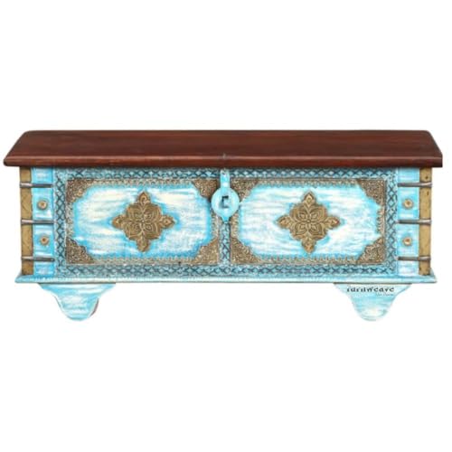 Image of Jave Wooden Trunk Box for Storage | Solid Wood Coffee Table for Living Room | Handcrafted Center Tea Table with Sandook Storage for Living Room | Pitara for Bedroom (Light Blue Distress)