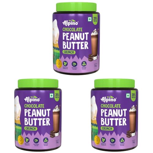Image of ALPINO Chocolate Peanut Butter Crunch 1kg - Roasted Peanuts, Chocolate Paste & Brown Sugar - 26% Protein, Source of Healthy Fats (Pack of 3)
