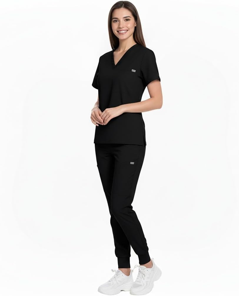 Meichoon Scrub Suit Set Solid Color Short Sleeve V Neck Top 1 Pocket Jogger Pants Adjustable Waist Medical Uniform DK87