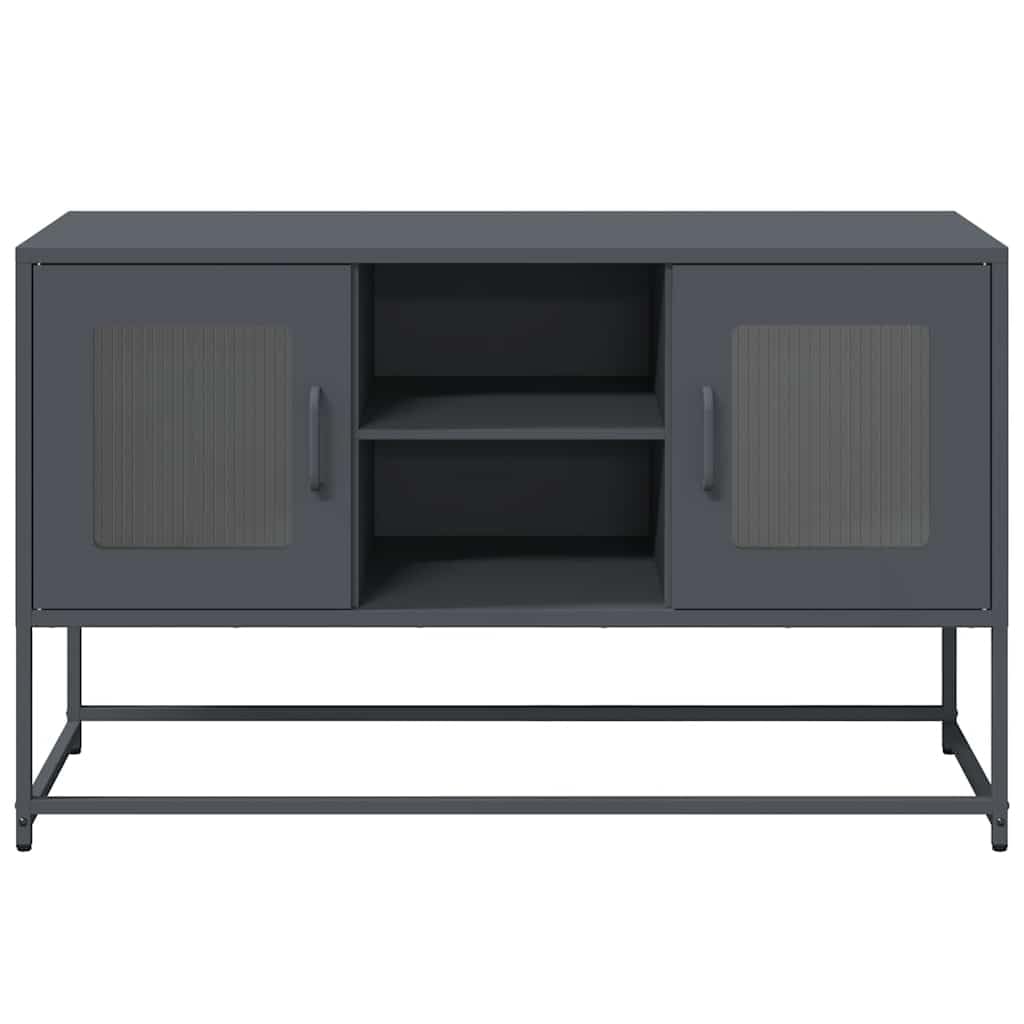 Mueble de TV con soporte de pared antivuelco: Mueble de TV industrial de acero laminado en frío y banco de TV estable con dos opciones de montaje en antracita