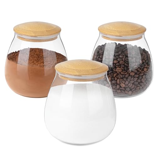 Winter Shore Botes de Cristal con Tapa Redondos (Pack de 3) Tarros Cristal Transparentes de 850 ml con Tapa Hermética Bambú - Recipientes Decorativos para Café, Azúcar, Arroz, Pasta, Especias, Dulces