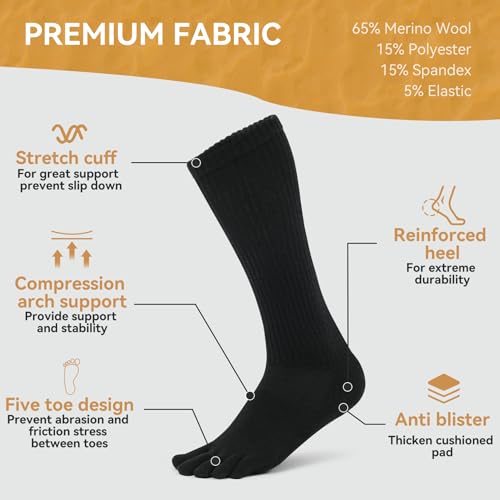 Merino Wool Toe Socks for Men & Women - 2 Pairs Winter Hiking Crew Socks Cushioned Boot Socks for Outdoor Activities2
