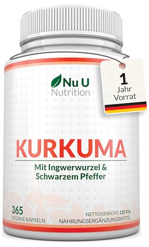 Kurkuma Kapseln Hochdosiert - 365 Vegane Kapseln - 1 Jahr Vorrat - 720mg Curcuma Pulver mit Ingwer & Piperin pro Tag - Curcumin, Ingwer & Schwarzer Pfeffer - Nu U Nutrition