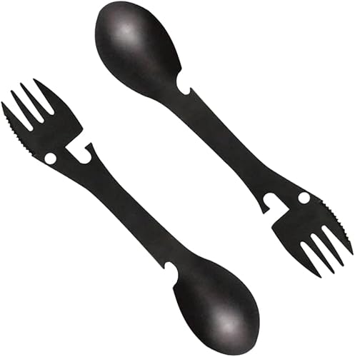 Fadra co - Cuchara de tenedor multifuncional 5 en 1, tenedor de acero inoxidable, tenedor y cuchillo, abrelatas y botellas, pelador y bolsa. disponible en Yaxa Venezuela