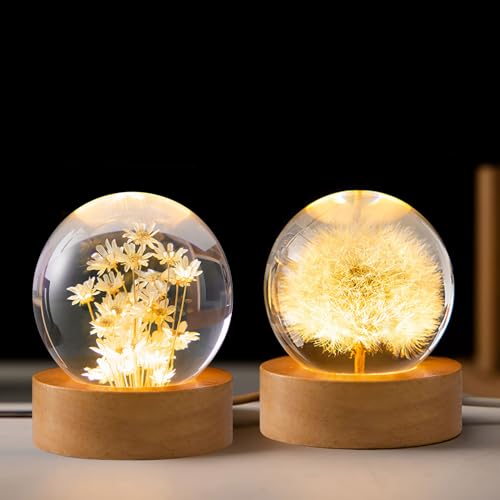 luolety Flower Crystal Ball Night Light, 6CM Glass Ball Lamp with Wooden with LED Light Base - Image 4