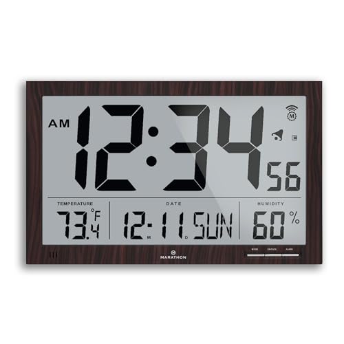 MARATHON Slim Jumbo Atomic Wall Clock, Walnut Finish - Large, 15-Inch Display - Alarm, AM/PM or 24-Hour Time, Eight Time Zones, Indoor Temperature & Humidity - Four AA Batteries Included