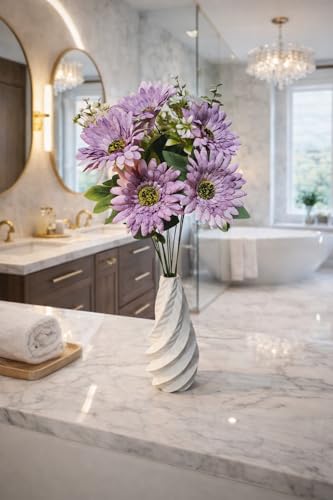 Image of Premium Combo Artificial Purple Daisy Flower Bouquet with Designer Ceramic Vase | Snowflake Fabric Real Touch Flowers | Luxury Home Decor for Living Room Bedroom Office Center Table(ND-16)