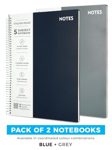 Image of DOODLE Focus Flow 5 Subject Spiral Notebook Set of 2 | Dark Blue + Grey | 200 Sheets Each, College Ruled Paper | Notebooks with Dividers & Water Resistant Covers for Work, Study & Projects