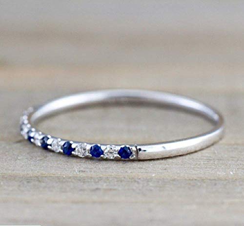 Yaya Women's 2mm 925Silver Blue Sapphire and White CZ Wedding Band Cubic Zirconia Half Eternity Stackable Engagement Anniversary Birthstone Ring Size 6 7 8 9 102