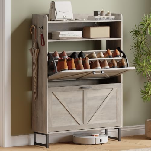 Image of Shoe Cabinet with 2 Flip Drawers, Freestanding Hidden Shoe Storage Organizer for Entryway, Narrow Slim Shoe Rack Cabinet with Open Storage & Hooks for Front Door Entrance, Living Room, Hallway, Grey