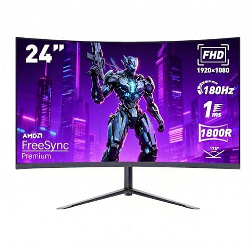 Monitor Curvo para jogos de 24 polegadas, monitor de computador FHD 1080P de 180 Hz, tempo de resposta de 1 ms, ultrafino, alto-falantes integrados, baixa latência, VESA, compatível com G-SYNC