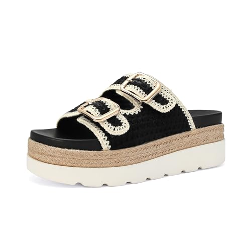 Image of DOEYG Platform Sandals for Women Summer Beach Raffia Slide Sandals Comfortable Casual Woven Straw Sandal with Buckle