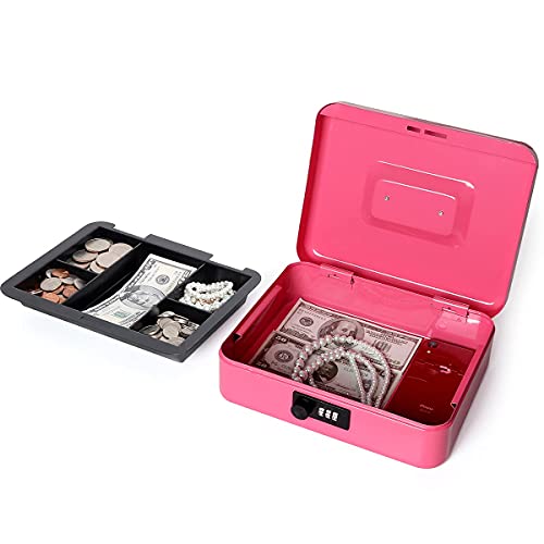 Cash Box With Combination Lock, Metal Money Box For Cash, Lovndi Lock Box With Money Tray, 9.84X 7.87X 3.54 Inches, Pink #TOP2