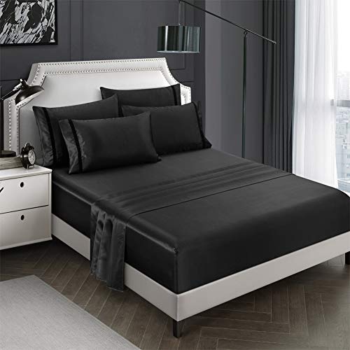 RevenRella 6 Piece Satin Sheet Set European Style Bedding Sets Deep Pocket 1800 Rich Silk Velet Ribbon Super Soft 4 Pillowcases Wrinkle Fade Resistant Esay Care Machine Wash (Black,King)