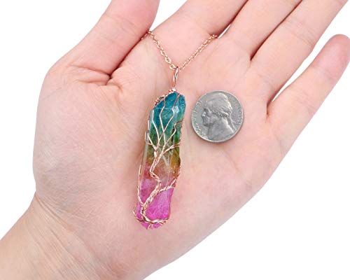 Pesoenth Tree Of Life Rainbow Quartz Crystal Gemstone Reiki Healing Rock Raw Stone Chakra Pendant Necklace Women Rose Gold Wire Wrap Gemstone Necklace Jewelry Gifts #TOP4