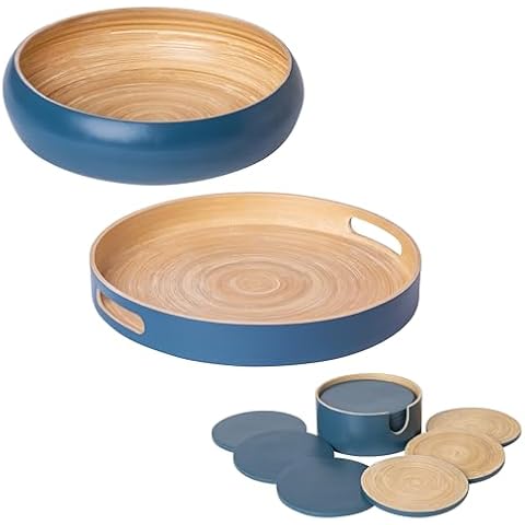HABITAAS Matching Fruit Bowl with Decorative Tray and Coasters Bundle in Blue Cover