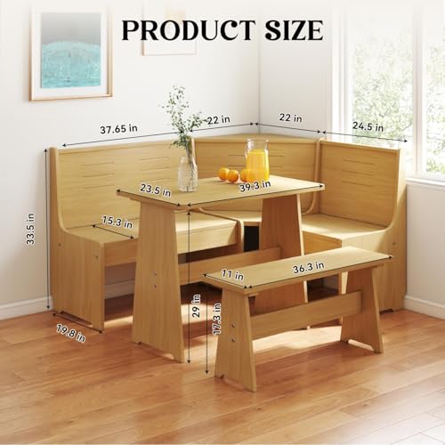 Breakfast Nook Corner Dining Table Kitchen Bench Chair Set, Space-Saving 3-5 People Seat Reversible L-Shape for Family Home Natural Wood - Thumbnail 4