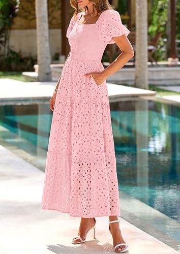 Image of PRETTYGARDEN Summer Dresses for Women 2026 Eyelet Square Neck Puff Sleeve Smocked Wedding Guest Maxi Dress with Pockets