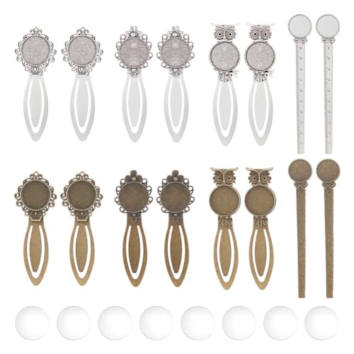 HOBBIESAY 16 pcs 4 Styles Bookmark Tray Pendant Kit Antique Bronze Silver Bookmarks Round Clear Glass Cabochons Book Page Marks Bookmark for Book Lovers DIY Bookmark Making,Tray:20mm