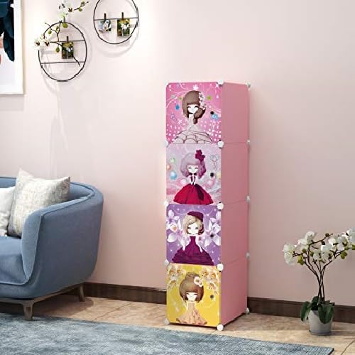 Image of KRISHYAM Kids Modular Storage Cabinet with Cartoon Princess Print Doors, 4 Cube Plastic Wardrobe Organizer, DIY Closet System with Hanging Rod, Toy & Clothes Storage (4 Box)