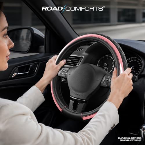 Road Comforts Leather Steering Wheel Cover – Black & Pink, Universal Fit 14.5-15 Inch, Microfiber Leather, Anti-Slip & Breathable Design for Men and Women by Road Comforts - Used condition - Image 3