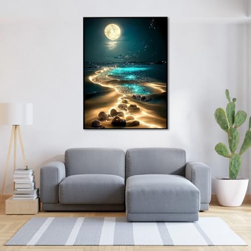 Image of HASTHIP DIY 5D Diamond Painting Art Kit Dreamy Beach Moonlit Night Diamond Painting Beginner DIY 5D Diamond Painting for Home Decor, No Frame Wall Decor 5D Diamond Painting, 12 x 16 Inch