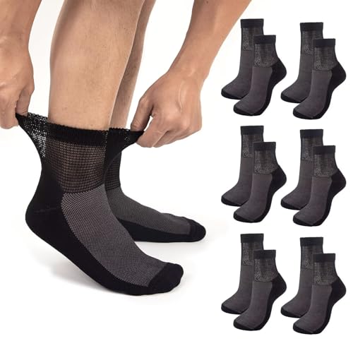 Diabetic Socks for Men Women, Comfortable Loose Fitting Crew Wide Socks with Seamless Toe Non-Binding Top, Breathable Bamboo Viscose Edema Neuropathy Socks, Black, 6 Pairs, XXL