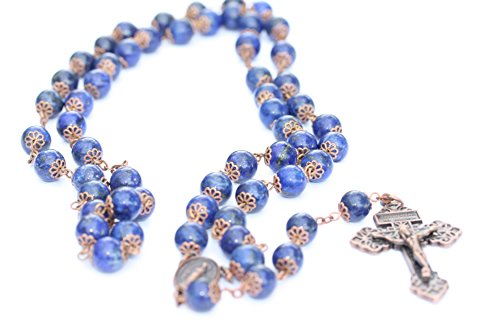 Large Genuine Lapis And Copper 10Mm 5 Decade Natural Stone Bead Rosary Made In Oklahoma #TOP3