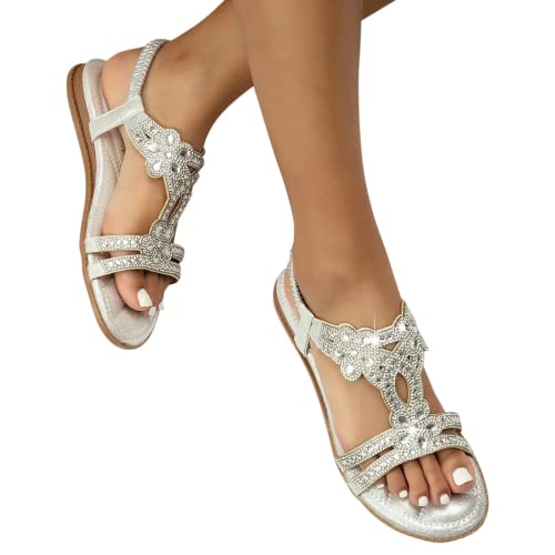 ZBYY Womens Flats Sandals Bohemia Rhinestone Open Toe Elastic Ankle Strap Sandals Summer Comfortable Beach Shoes Sandals2
